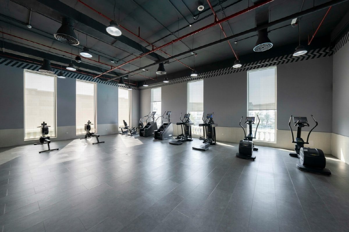 Illustrative gym training space with fitness equipment